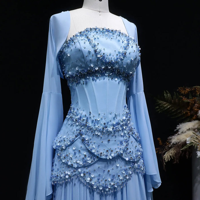 Luxury Blue Beaded Formal Evening Gown with Bell Sleeves SS286 Sheer Fairy