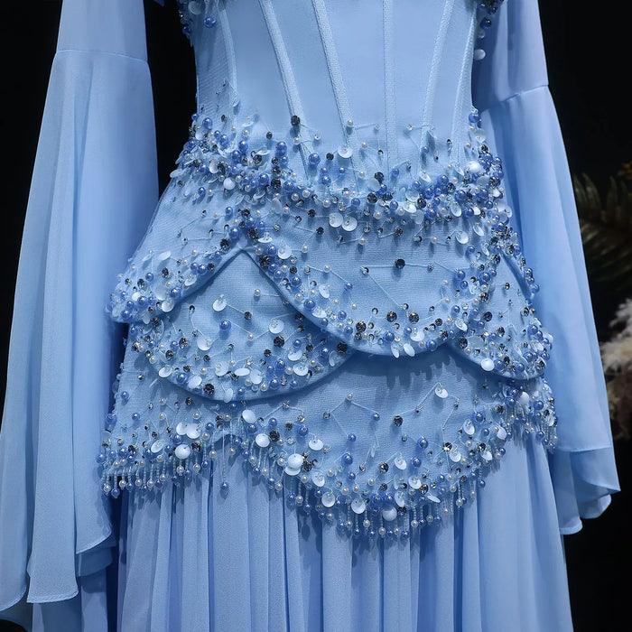 Luxury Blue Beaded Formal Evening Gown with Bell Sleeves SS286 Sheer Fairy