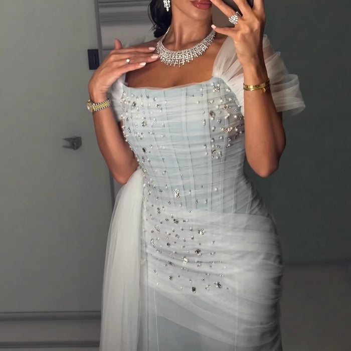 Luxury Blue Beaded Mermaid Evening Dress With Overskirt LA73664