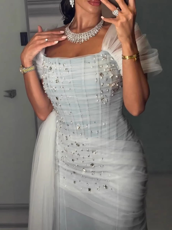 Luxury Blue Beaded Mermaid Evening Dress With Overskirt LA73664