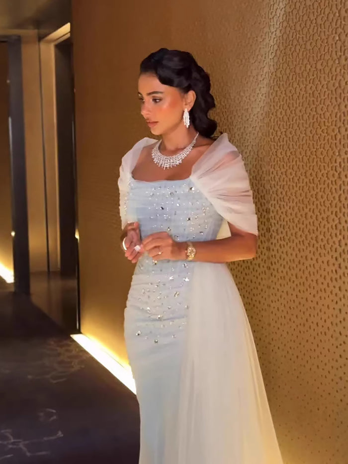 Luxury Blue Beaded Mermaid Evening Dress With Overskirt LA73664