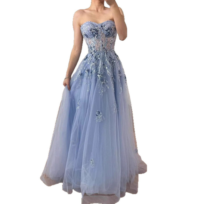 Luxury Blue Strapless Beaded A-Line Prom Dress LA73551