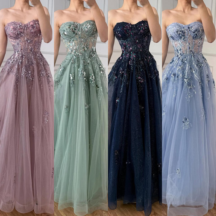 Luxury Blue Strapless Beaded A-Line Prom Dress LA73551