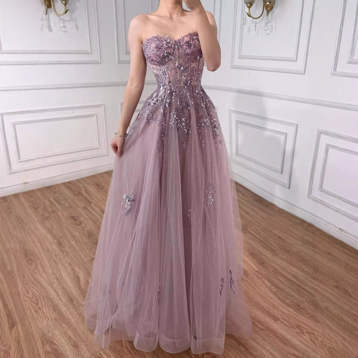 Luxury Blue Strapless Beaded A-Line Prom Dress LA73551