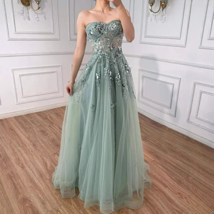 Luxury Blue Strapless Beaded A-Line Prom Dress LA73551