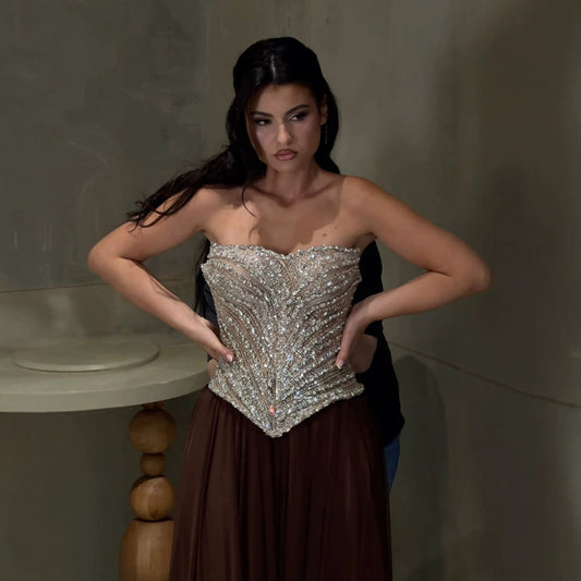Luxury Brown Strapless Crystal Beaded Corset Evening Dress LA73809 SERENE HILL