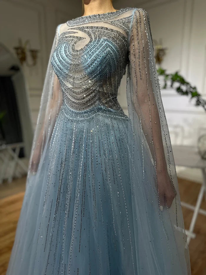 Dubai Caramel A-Line Beaded Evening Dress with Cape Sleeves LA72799 - SERENE HILL