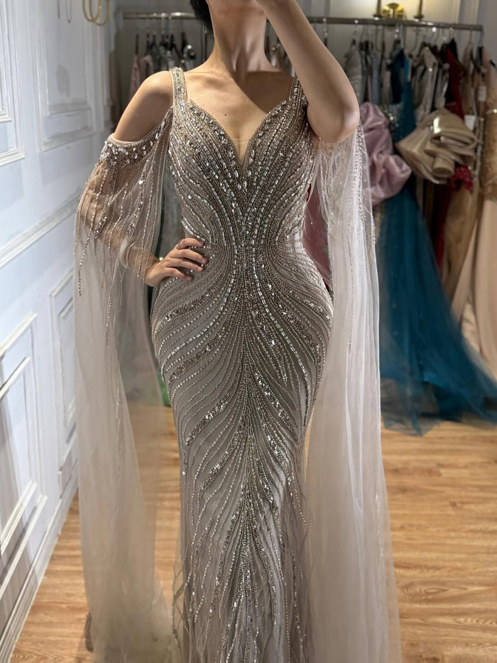 Luxury Pink Beaded Mermaid Evening Dress With Cape Sleeves LA73210A SERENE HILL