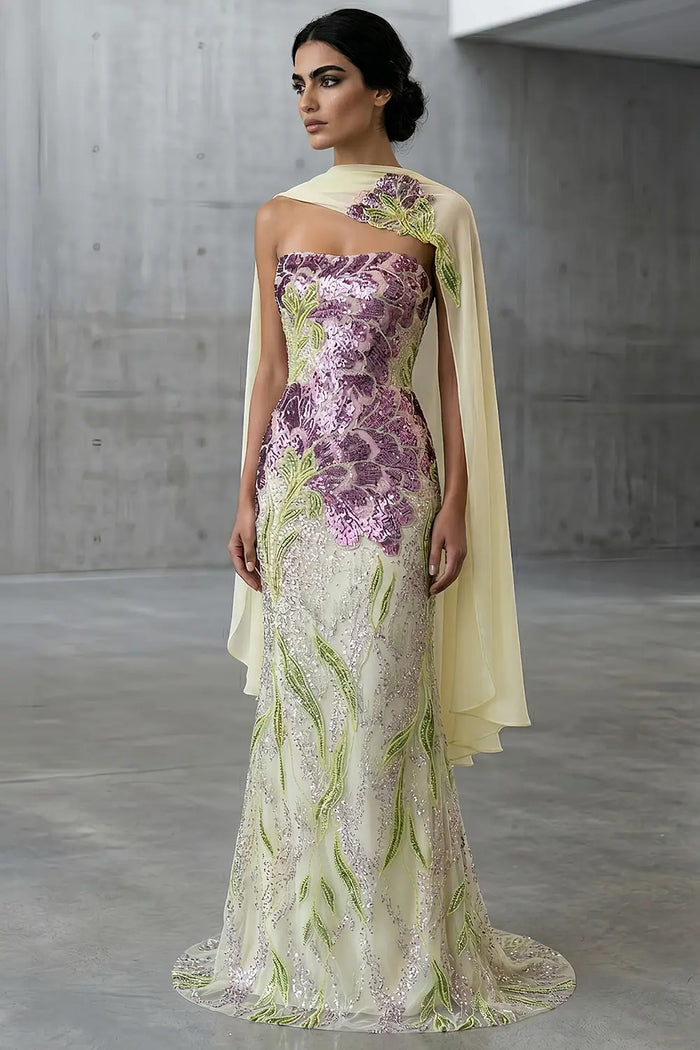 Luxury Floral Sequin Mermaid Evening Gown with Scarf SS511 Sheer Fairy