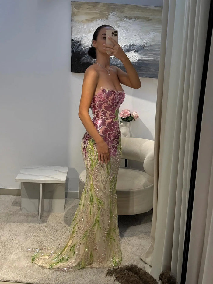 Luxury Floral Sequin Mermaid Evening Gown with Scarf SS511 Sheer Fairy