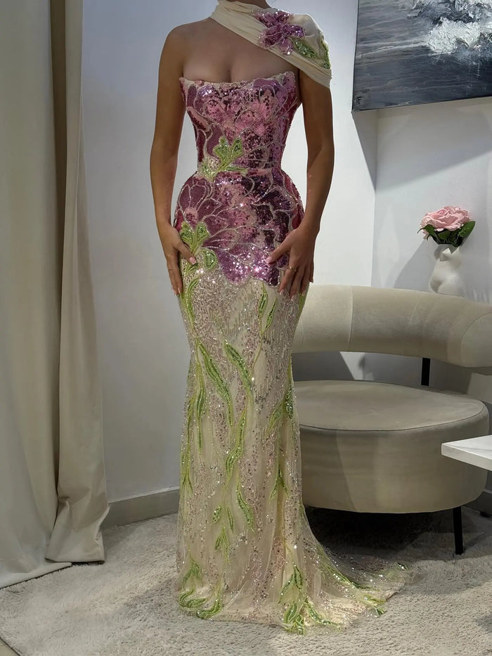 Luxury Floral Sequin Mermaid Evening Gown with Scarf SS511 Sheer Fairy