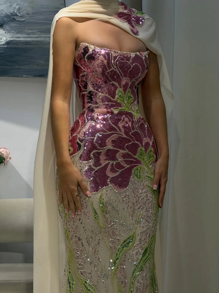 Luxury Floral Sequin Mermaid Evening Gown with Scarf SS511 Sheer Fairy