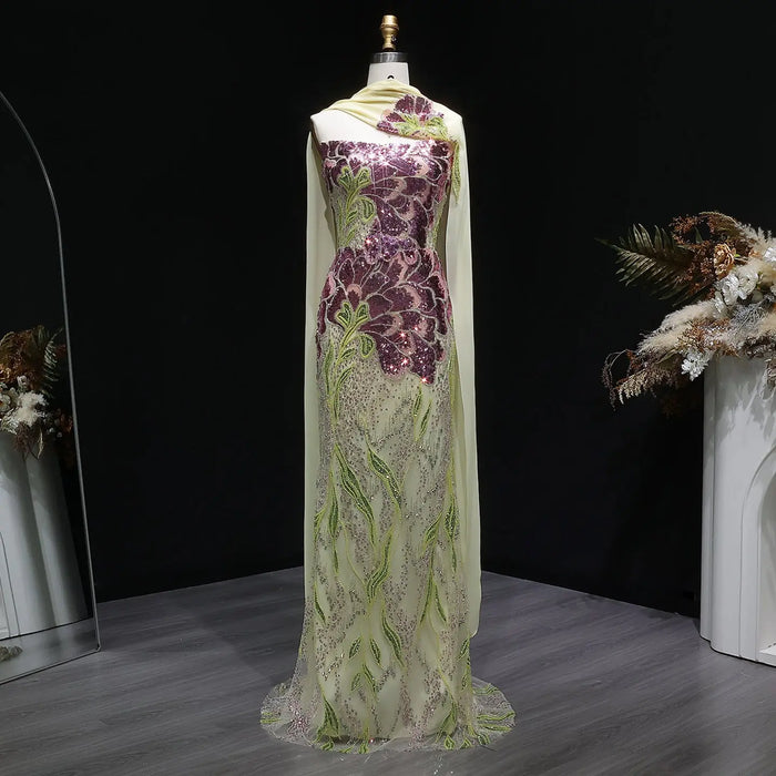 Luxury Floral Sequin Mermaid Evening Gown with Scarf SS511 Sheer Fairy