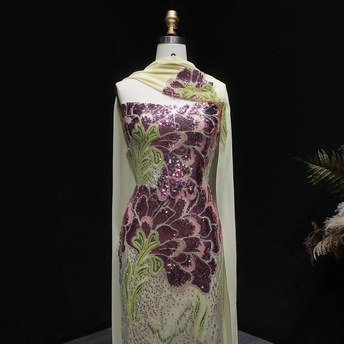 Luxury Floral Sequin Mermaid Evening Gown with Scarf SS511 Sheer Fairy