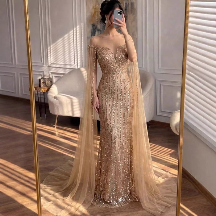Luxury Gold Beaded Mermaid Evening Dress with Cape Sleeves LA73679 - SERENE  HILL