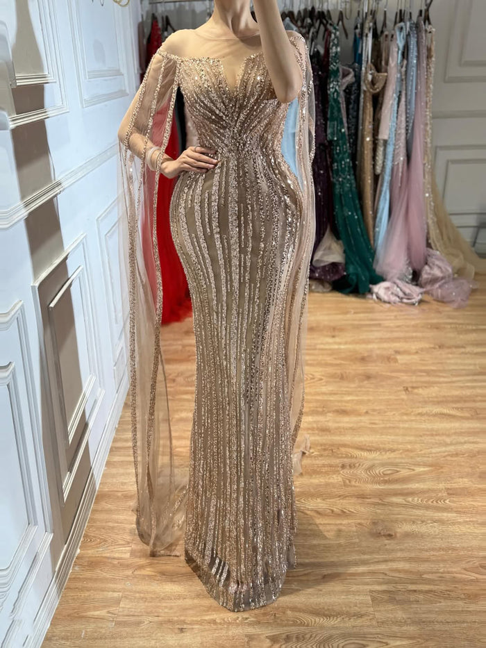 Luxury Gold Beaded Mermaid Evening Dress with Cape Sleeves LA73679