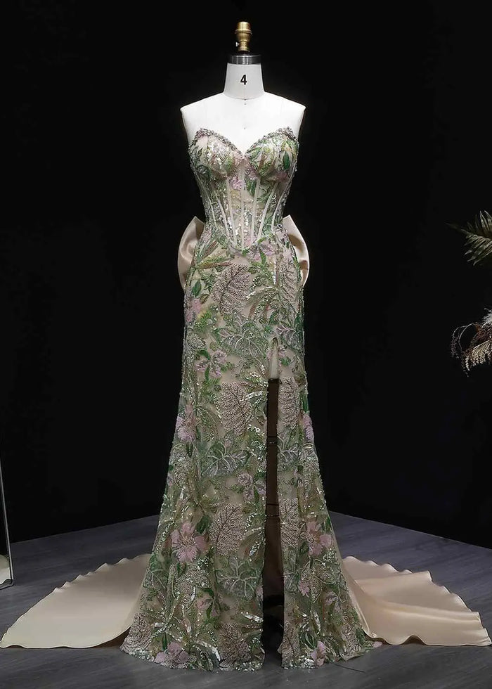 Luxury Green Floral Embroidered Prom Dress High Slit with Bow Knot SH058 Sheer Fairy