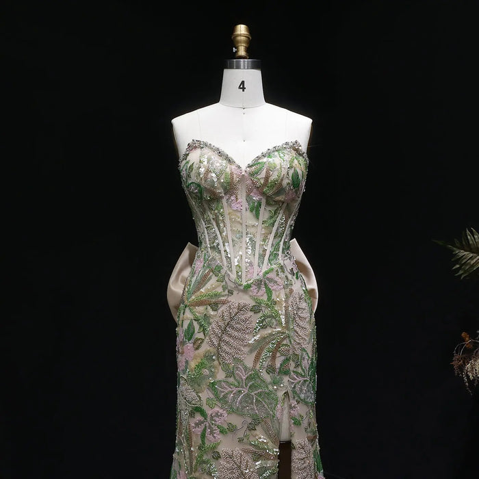 Luxury Green Floral Embroidered Prom Dress High Slit with Bow Knot SH058 Sheer Fairy