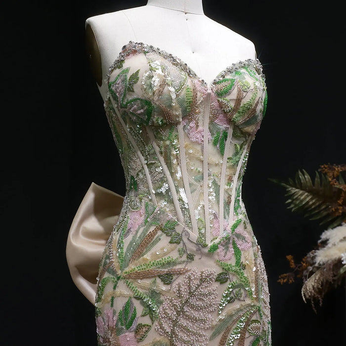 Luxury Green Floral Embroidered Prom Dress High Slit with Bow Knot SH058 Sheer Fairy