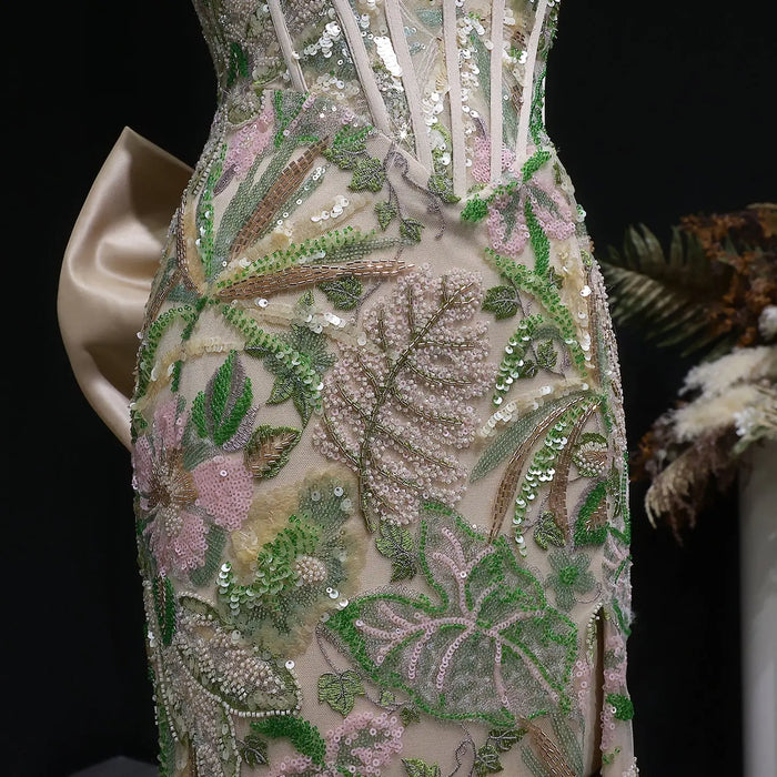 Luxury Green Floral Embroidered Prom Dress High Slit with Bow Knot SH058 Sheer Fairy