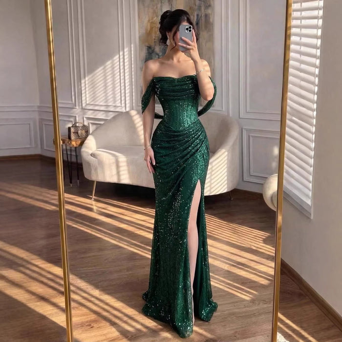 Luxury Green Off Shoulder Corset Mermaid Evening Dress LA73410C - SERENE  HILL
