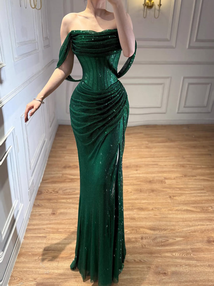 Luxury Green Off Shoulder Corset Mermaid Evening Dress LA73410C - SERENE  HILL