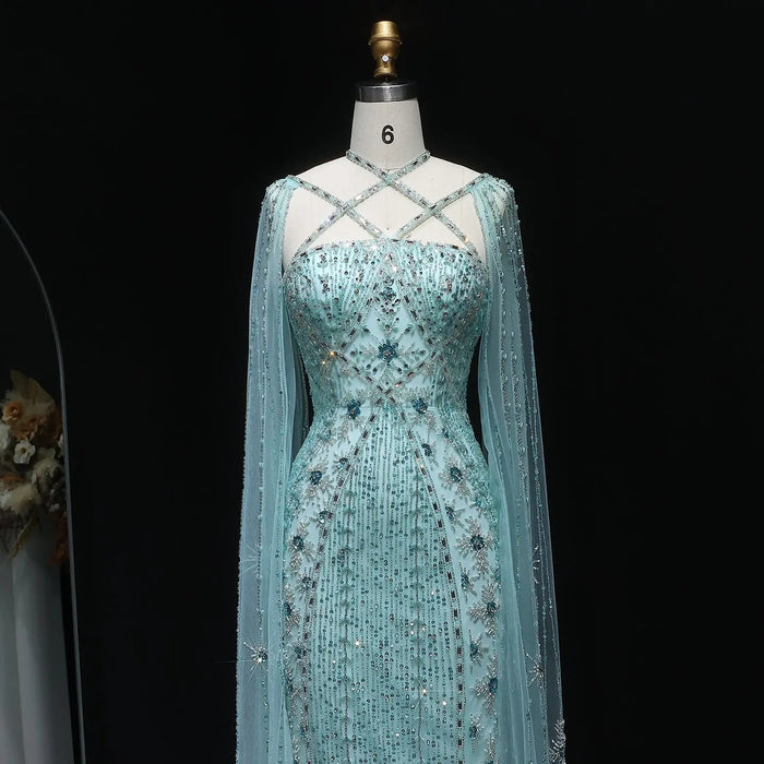 Luxury Lavender Beaded Mermaid Evening Gown with Detachable Cape Sleeves SS391 Sheer Fairy