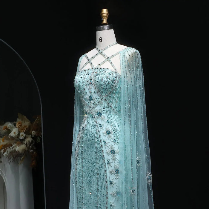 Luxury Lavender Beaded Mermaid Evening Gown with Detachable Cape Sleeves SS391 Sheer Fairy