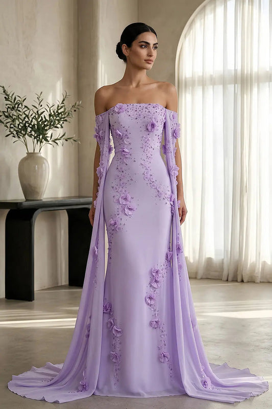 Luxury Lilac Off-the-Shoulder Mermaid Evening Dress with 3D Floral Applique SS450 Sheer Fairy