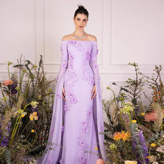 Luxury Lilac Off-the-Shoulder Mermaid Evening Dress with 3D Floral Applique SS450 Sheer Fairy