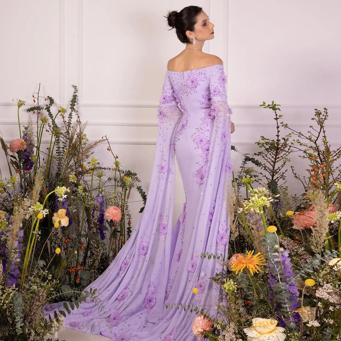 Luxury Lilac Off-the-Shoulder Mermaid Evening Dress with 3D Floral Applique SS450 Sheer Fairy