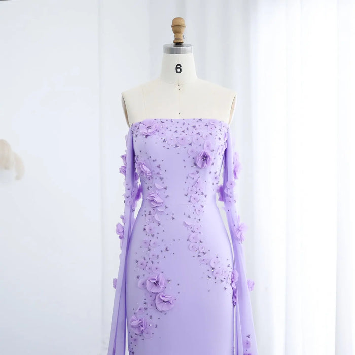Luxury Lilac Off-the-Shoulder Mermaid Evening Dress with 3D Floral Applique SS450 Sheer Fairy