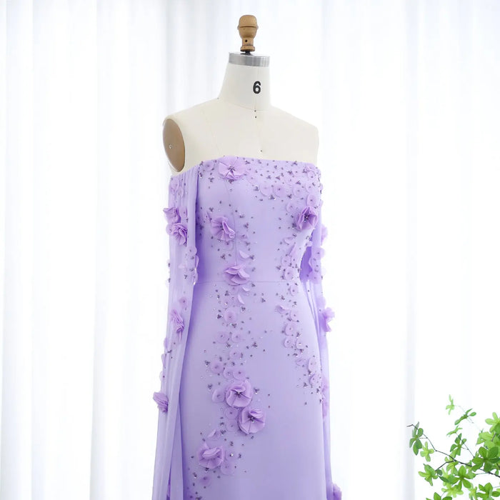 Luxury Lilac Off-the-Shoulder Mermaid Evening Dress with 3D Floral Applique SS450 Sheer Fairy