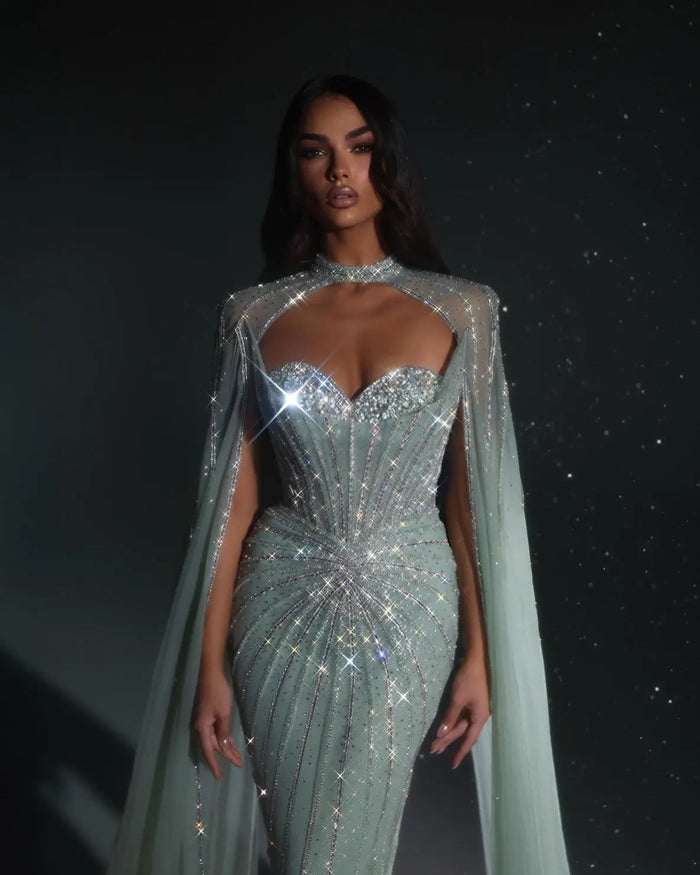 Luxury Mint Green Beaded Mermaid Evening Dress with Cape SS156 Sheer Fairy