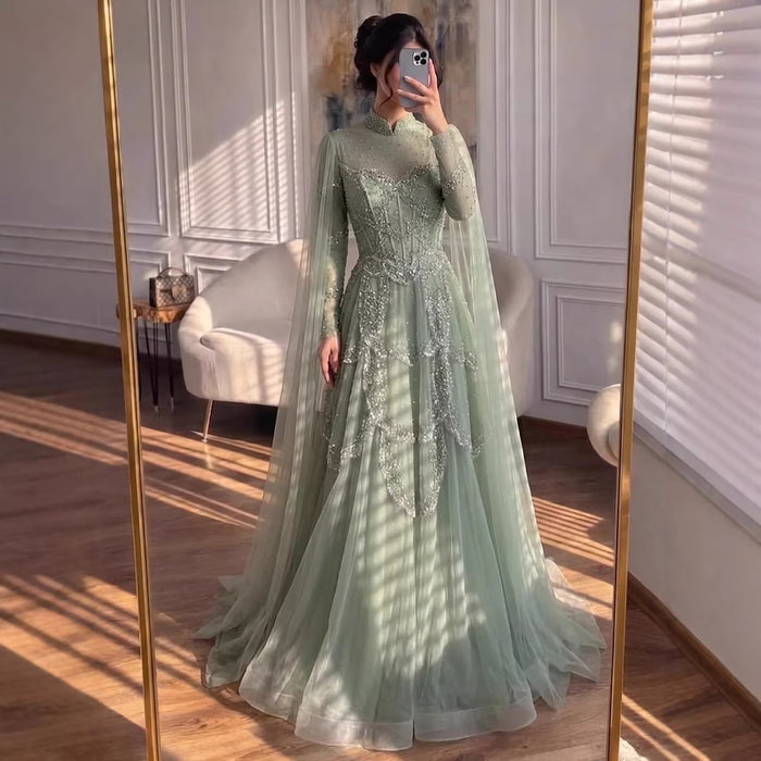 Luxury Sage Green Beaded Evening Dress with Cape LA72605B - SERENE  HILL