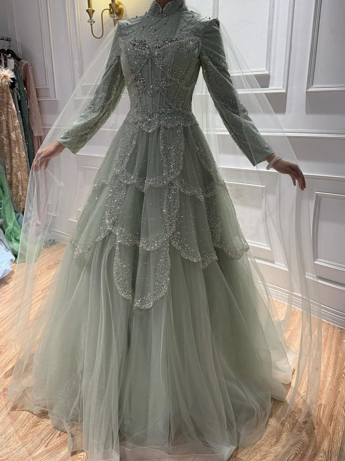Luxury Modest  Sage Green Beaded Evening Dress with Cape LA72605B