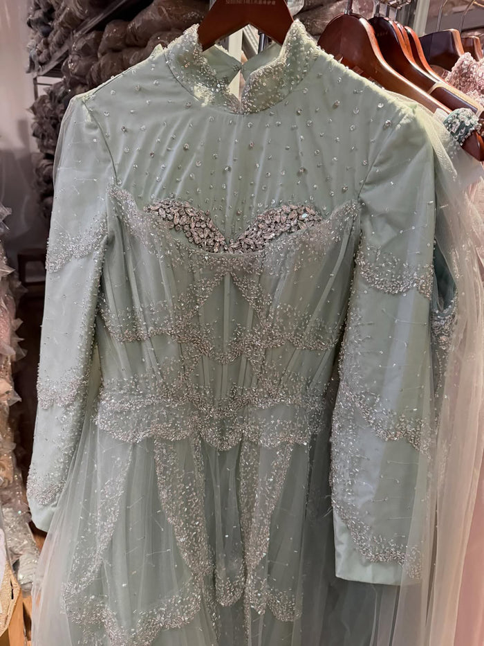 Luxury Modest  Sage Green Beaded Evening Dress with Cape LA72605B