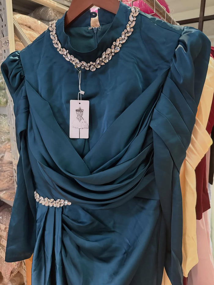 Luxury Muslim Green Satin Crystal Beaded Mermaid Evening Dress LA73667 - SERENE  HILL