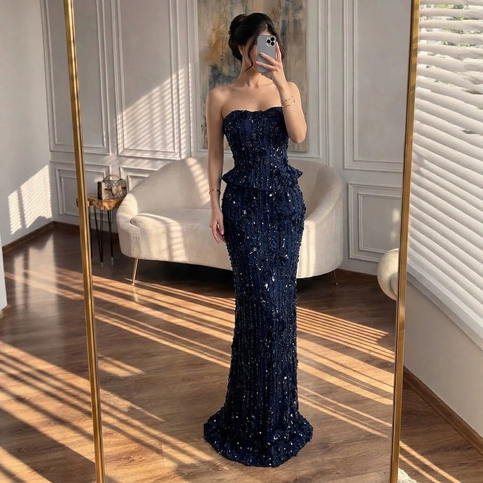 Luxury Navy Blue 3D Floral Beaded Mermaid Gown LA73777 SERENE HILL