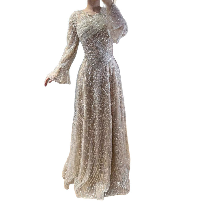 Luxury Nude Beaded A-Line Evening Dress Long Sleeves LA73177A