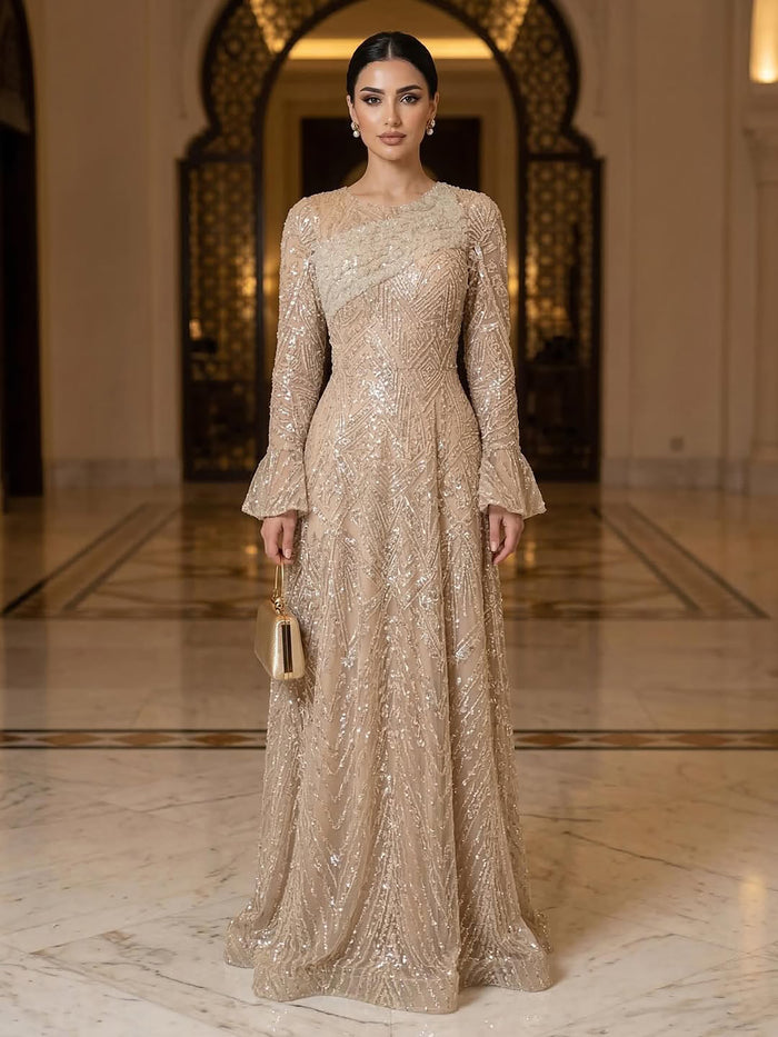 Luxury Nude Beaded A-Line Evening Dress Long Sleeves LA73177A