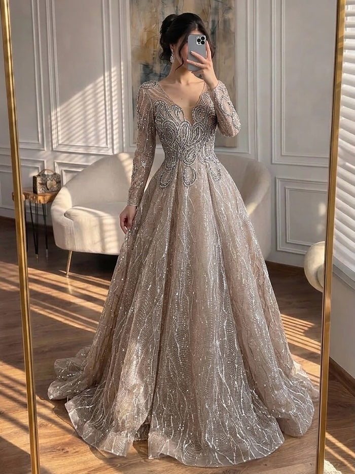 Luxury Nude Beaded V Neck Long Sleeve A Line Evening Dress LA73747 SERENE HILL