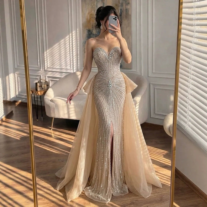 Luxury Nude Sweetheart Beaded Mermaid Dress with Overskirt LA73786 SERENE HILL