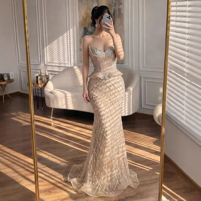 Luxury Nude Crystal Beaded Mermaid Evening Dress LA73400A
