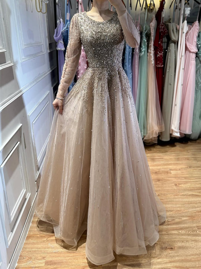 Luxury Nude Long Sleeve Illusion Beaded A-Line Evening Dress LA73269A - SERENE  HILL
