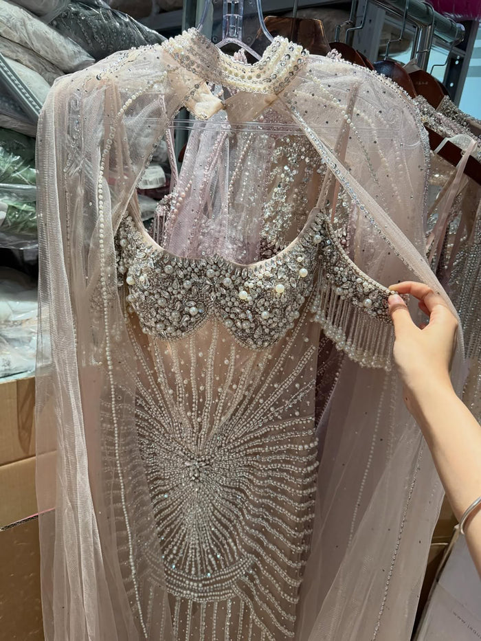 Luxury Nude Pearls Beaded Mermaid Evening Dress with Cape Sleeves LA73148C