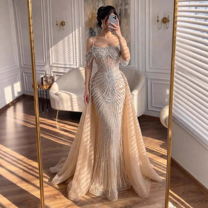 Luxury Nude Pearls Beaded Off Shoulder Mermaid Evening Dress LA73148D - SERENE  HILL