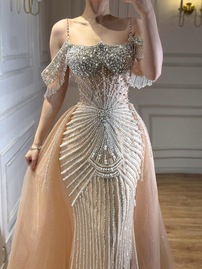 Luxury Nude Pearls Beaded Off Shoulder Mermaid Evening Dress LA73148D - SERENE  HILL