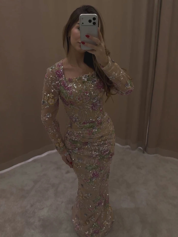 Luxury Nude Pink Floral Beaded Mermaid Evening Dress LA73552G SERENE HILL