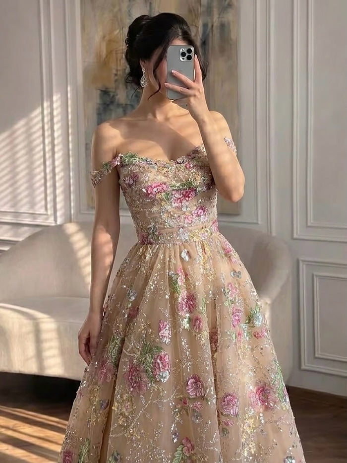 Luxury Nude Pink Off-Shoulder Floral Evening Dress LA73552K SERENE HILL
